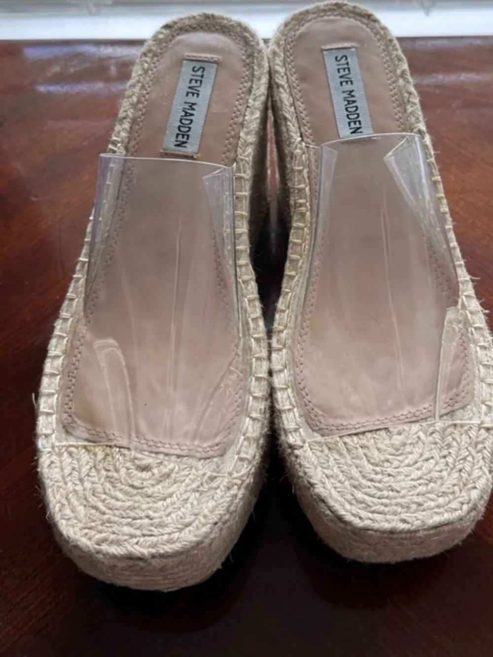 Steve Madden Clear Strap Espadrille Platform Wedge - Natural/Clear